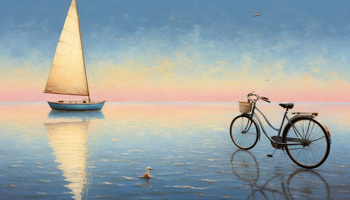 bicyclette et petite barque dans la mer, en 1967, lithographie atténuée surréaliste et onirique, peinture pastel sur toile, à la façon de Jimmy Lawlor 