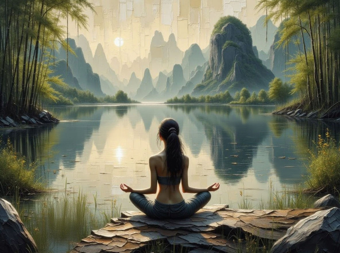 a woman meditates as her mind opens up into a beautiful image of a peaceful lake amongst bamboo and mountains, ...  by @Kindly Offer