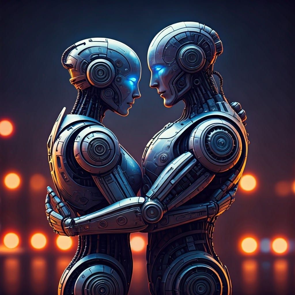 Romantic Robots in Neon Cityscape