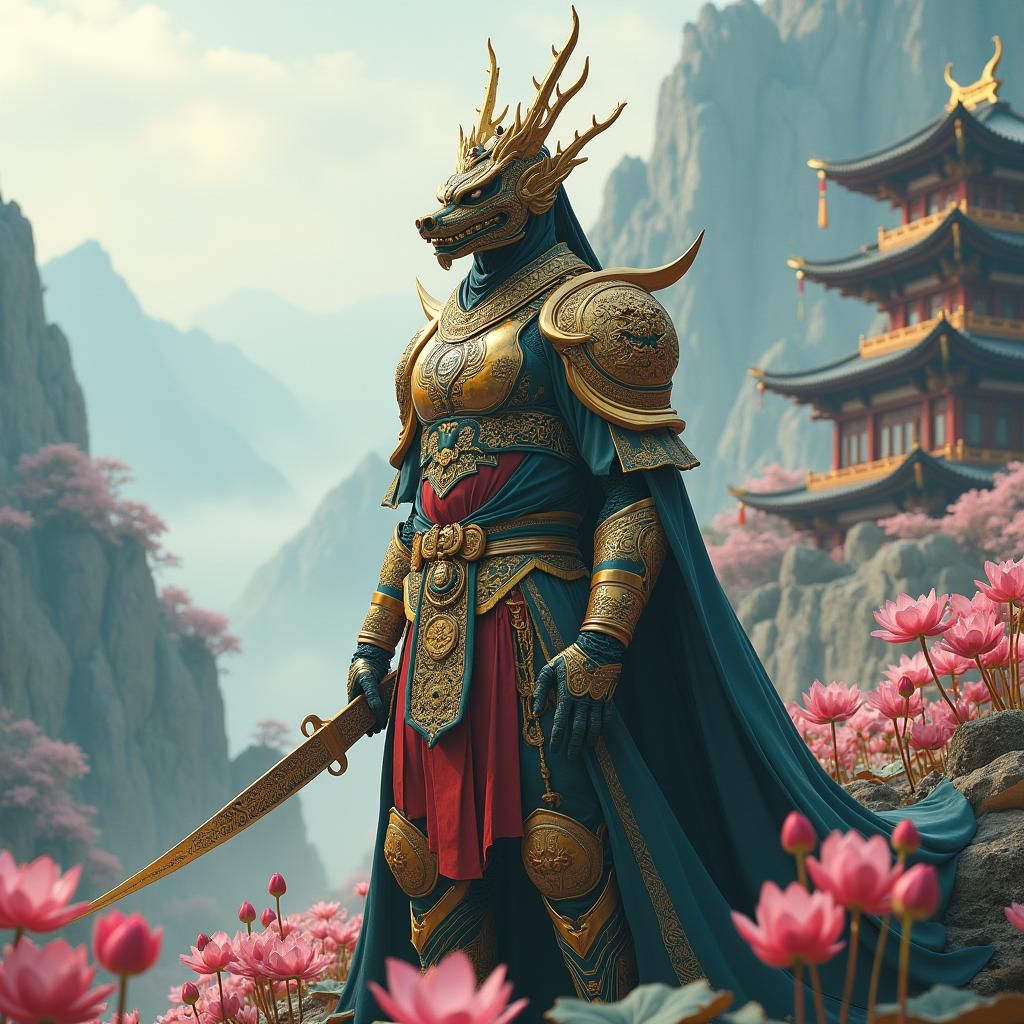 Oriental Robot Warrior with Dragon Cape, Matte Painting