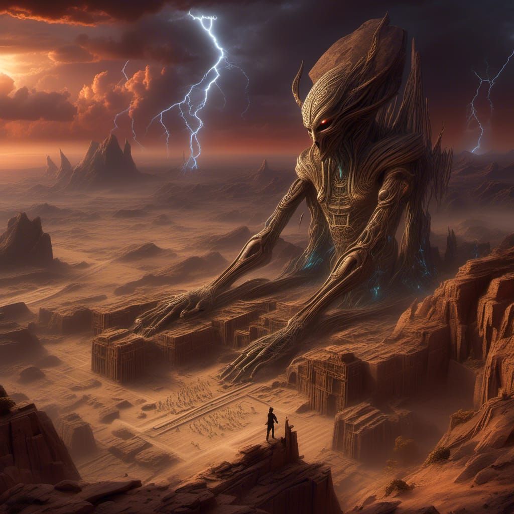 <lora:Unreal:1.0> A detailed picture of sunset over a finely-detailed desert above arid hard-crested rocks covered in alien hieroglyphs, sto...