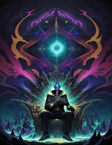 enigmatic demon king sitting on a cosmic altar, a horde of minions in front of then, enchanted garden filled with unusual creatures