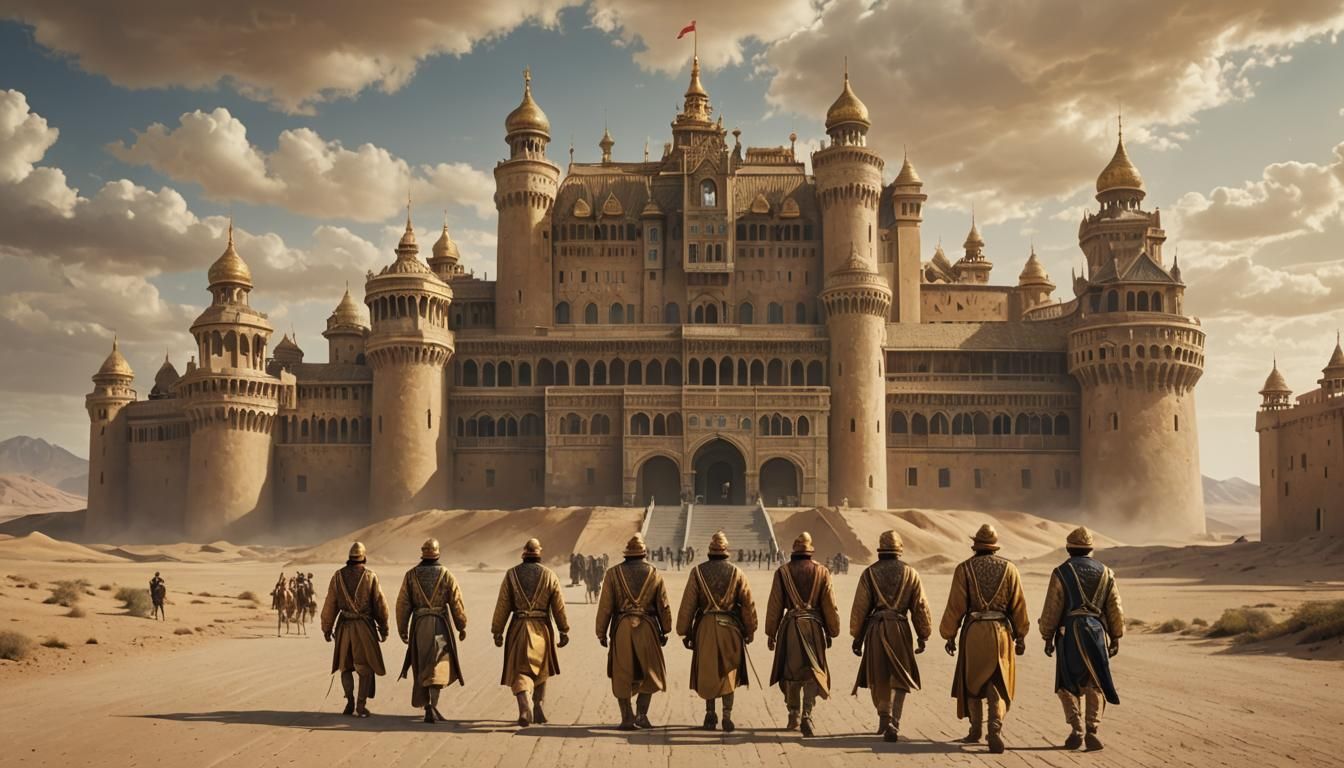 In the image, there are five men walking towards a large, or...