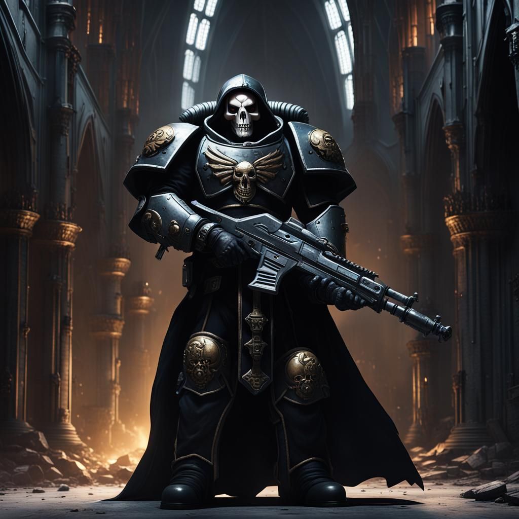 A bulky space marine chaplain in black armor wearing a hood ...