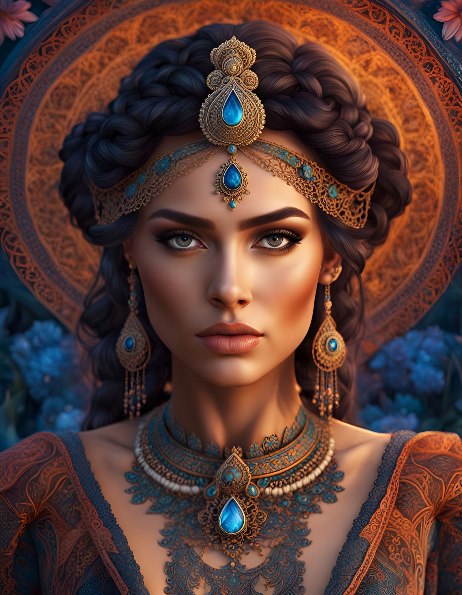 Bohemian Woman in Lace Dress, Esoteric Mandala