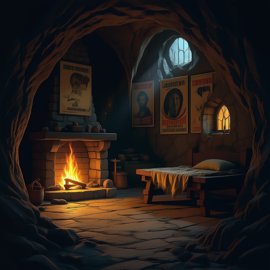 A dark cave with a single bed, small fireplace and a wood workbench