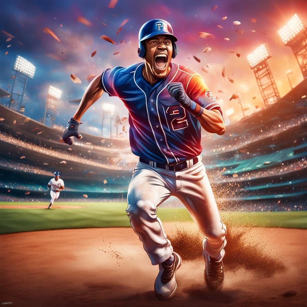 An excited baseball player running around the bases after hitting a home run  by @Raidyn
