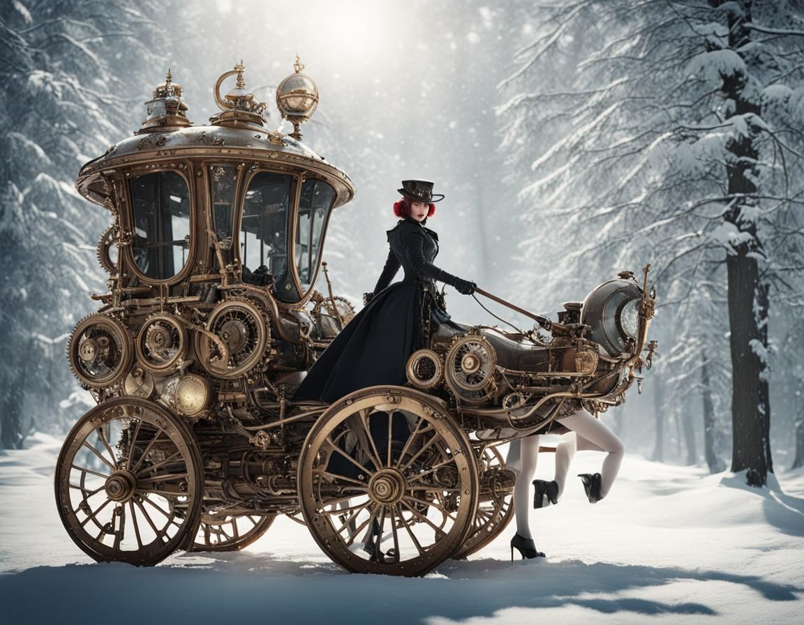 Steampunk carriage in the wintry forest.