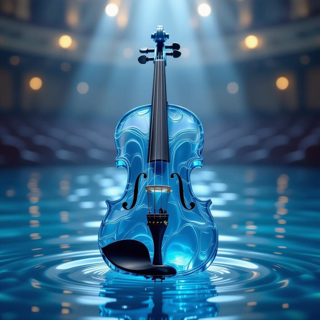 An intricate violin crafted from rippling, crystalline water, with each string a perfectly formed arc ...  by @Starlight