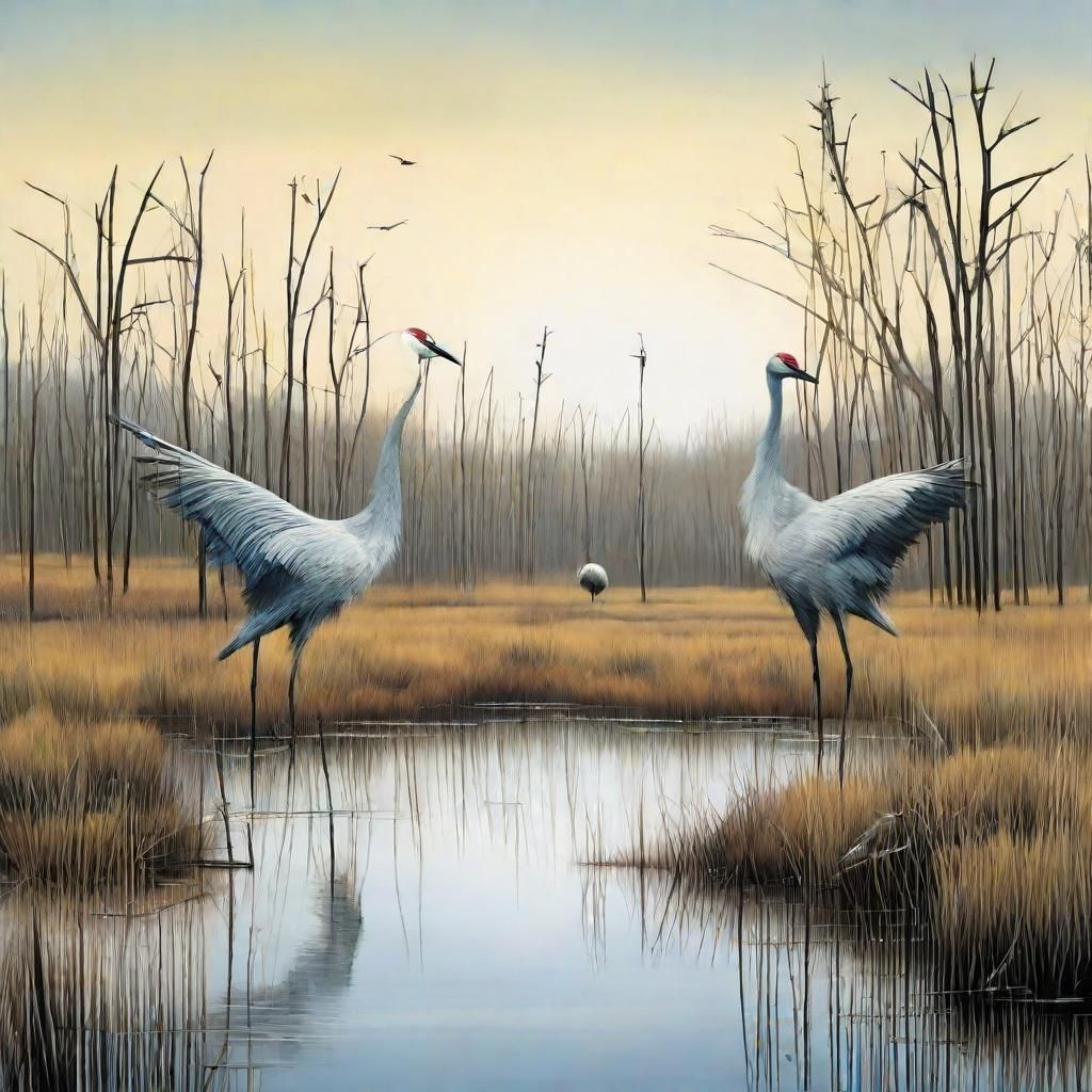 Funky cranes in a marsh, thin spiky trees, surreal landscape