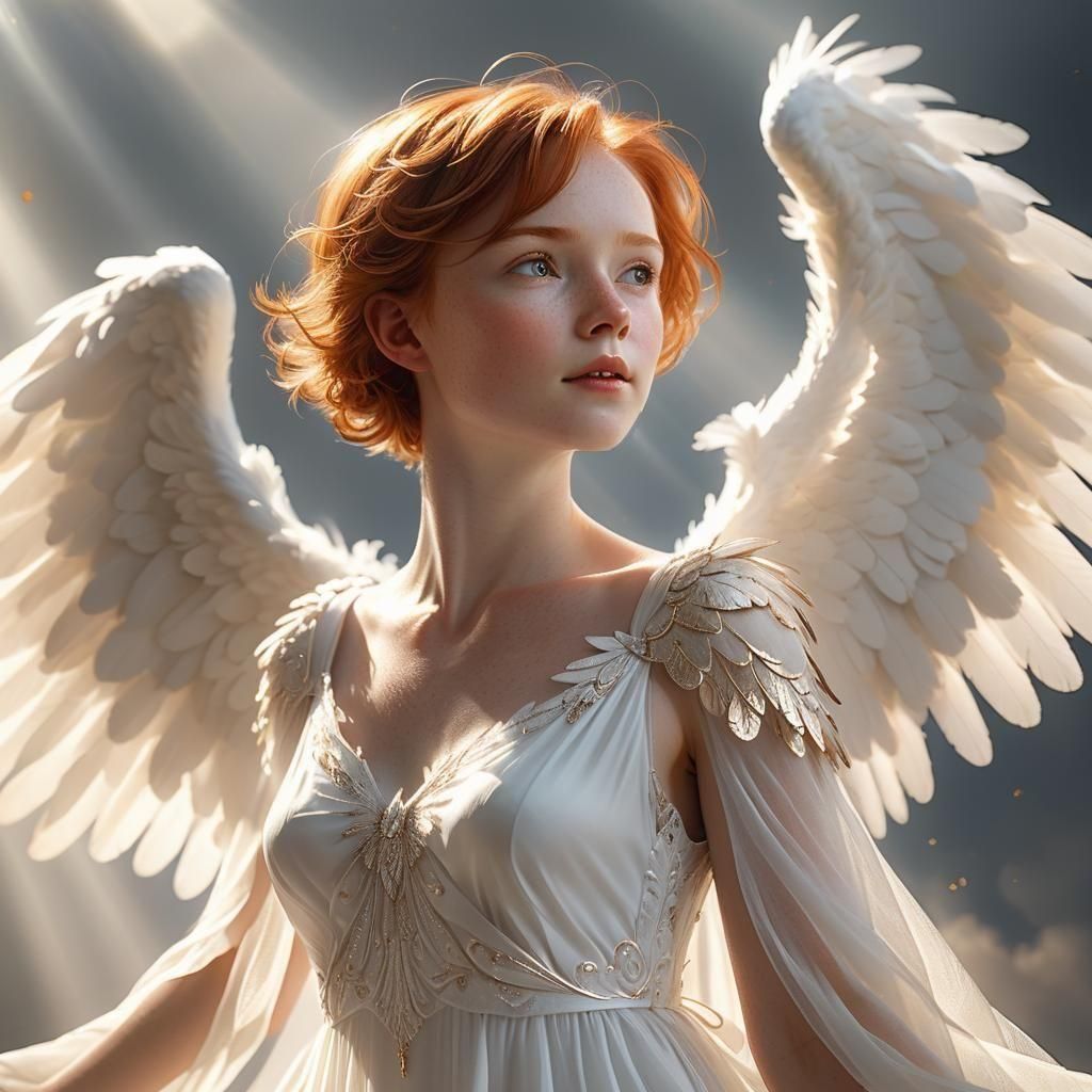 Hyper-realistic 3D portrait. Low-angle, side profile. A beautiful short-haired redhead angel with angelic ...  by @Charles Albert