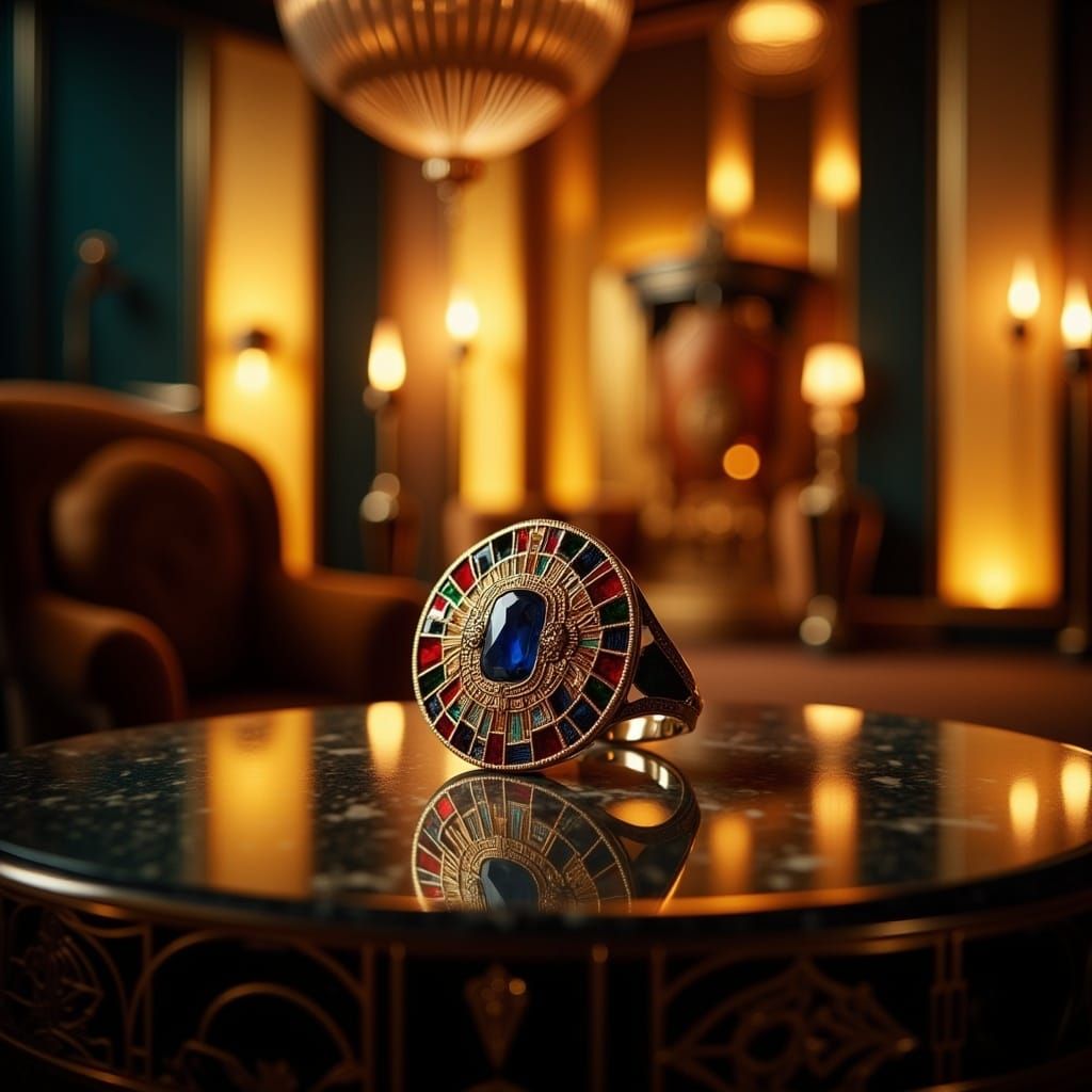  <lora:Art Deco Flux:1.0> art deco style ring, displayed on an art deco table, dynamic lighting 