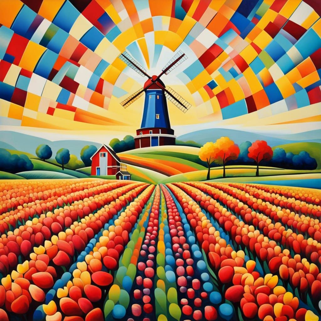 fields of tulips, rows of colors, red, blue, yellow, white, windmill in ...