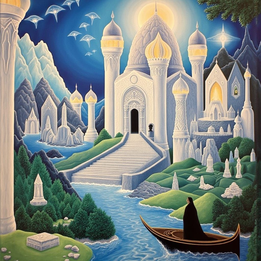 <lora:Celestial Visitation:1.0> <lora:Esoteric Surrealism:1.0> Crossing the River Styx