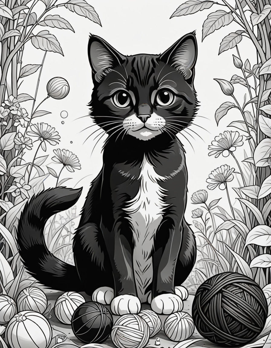 Kawaii Cat Plays with Yarn in Colorful Children's Art