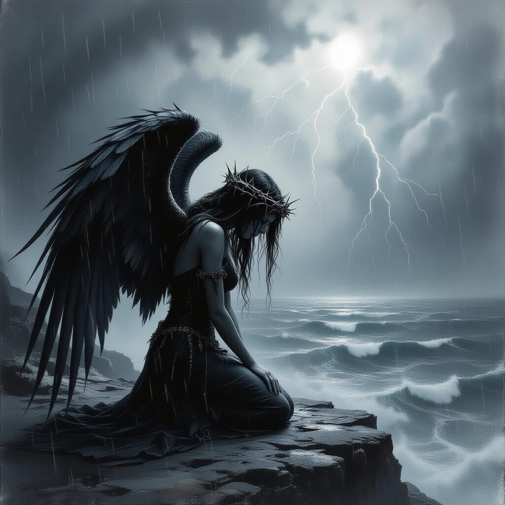 A lone angel with obsidian wings and a crown of thorns stands on a desolate, windswept cliff overlooking a turbulent, dark sea. Rain lashes ...