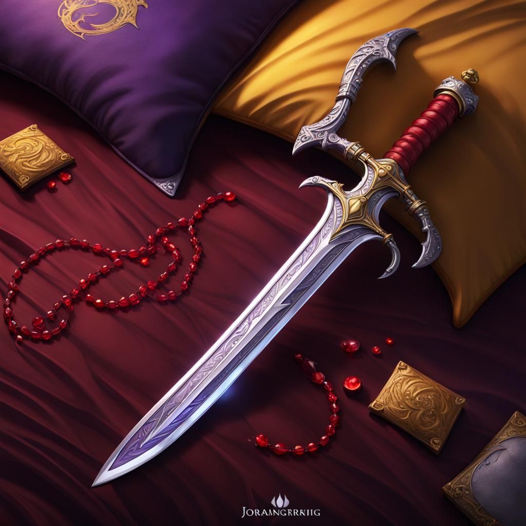 Curved sword lying on a luxurious pillow, red jewels along hilt, Magic