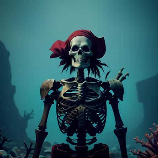 pirate zombie skeleton, cyberpunk, underwater coral cliffs C...