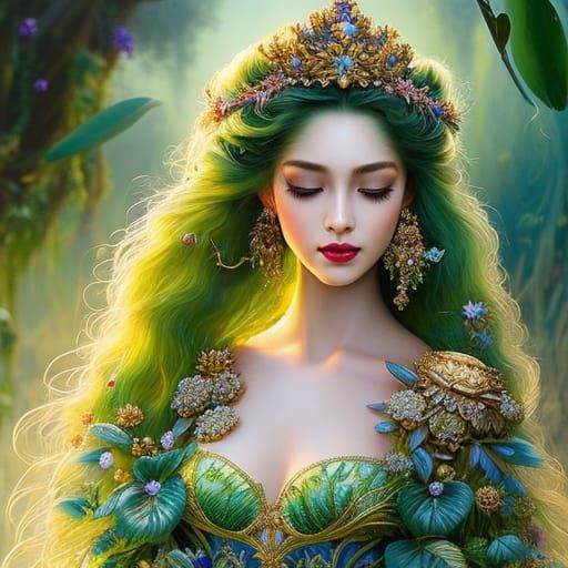 water nymph, beautiful detailed nymph with an ornate crown, big crown