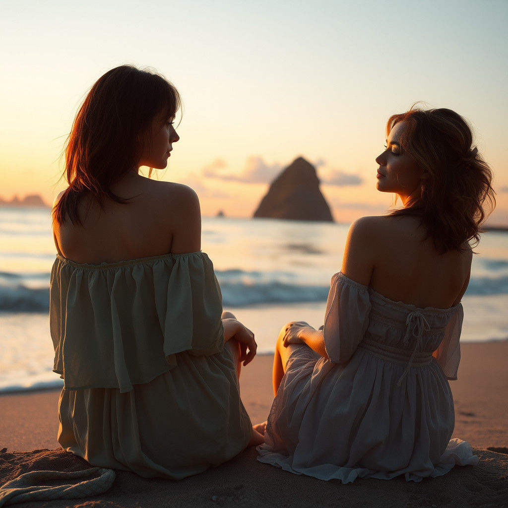 Contemplative Women on Dreamlike Beach at Sunset