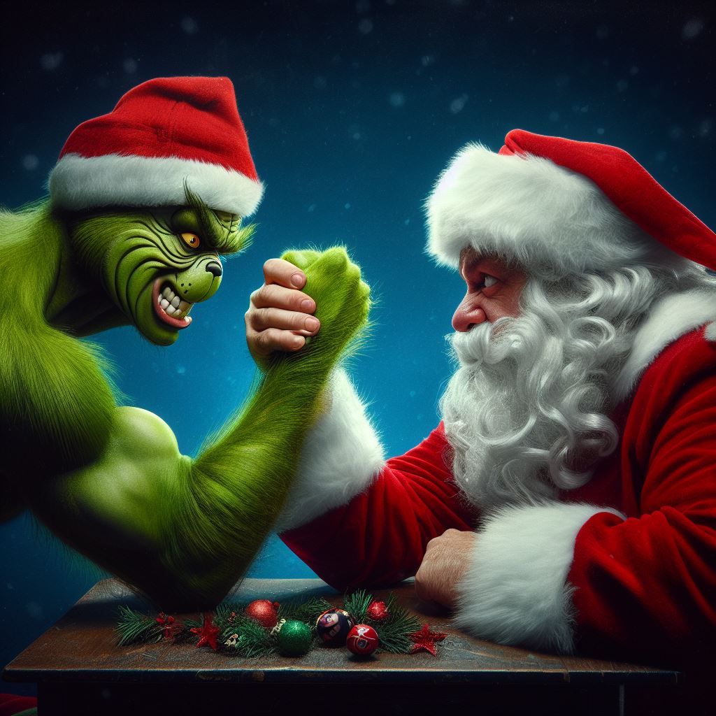 Grinch arm wrestling Santa Clause