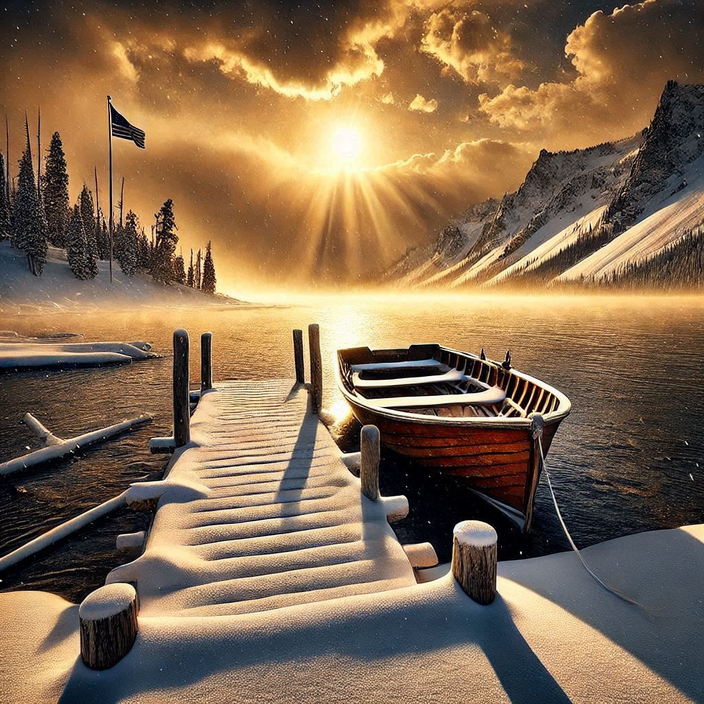 Wooden Boat on Lake Winter Sunset