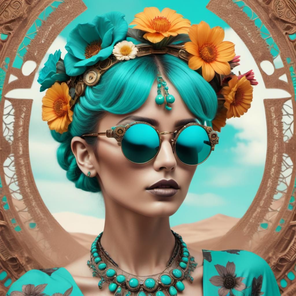 a woman with sunglasses and flowers in her hair