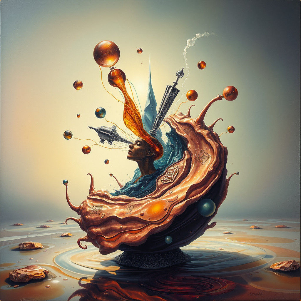 Dreamlike Entity Fusing Materials in Surreal Landscape