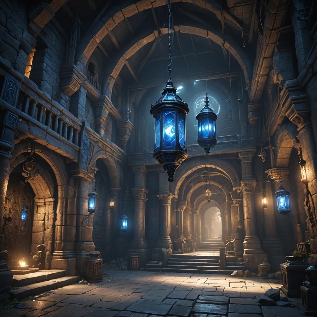 Blue lantern in a dungeon