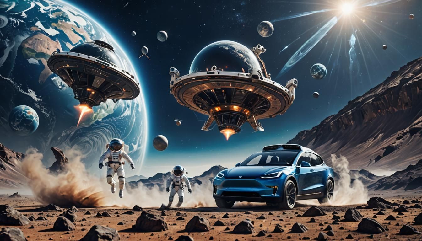 Two aliens Random objects in space, satellite, cosmonaut, Te...