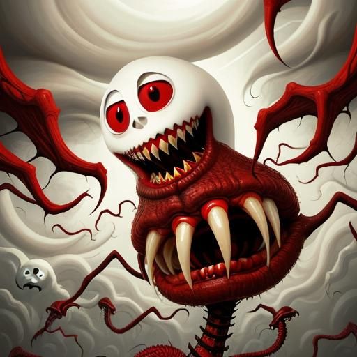 a ghost with big eyes and oversized human teeth under a torn...
