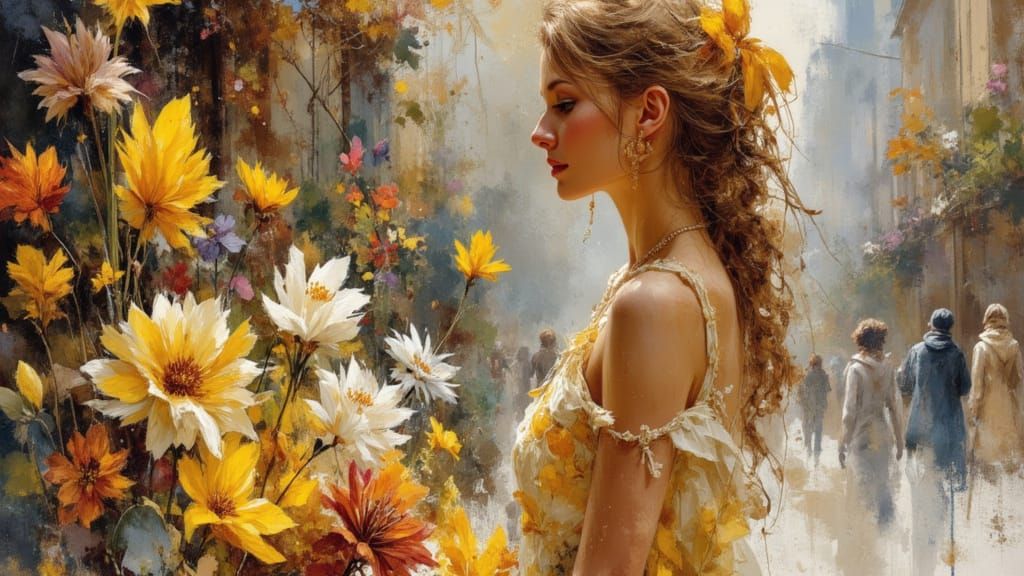 Emotional portrait flower seller London street dry brush oils Diego Rivera Luis Royo elegant playful bright <lora:Earth and sketch:1.0>