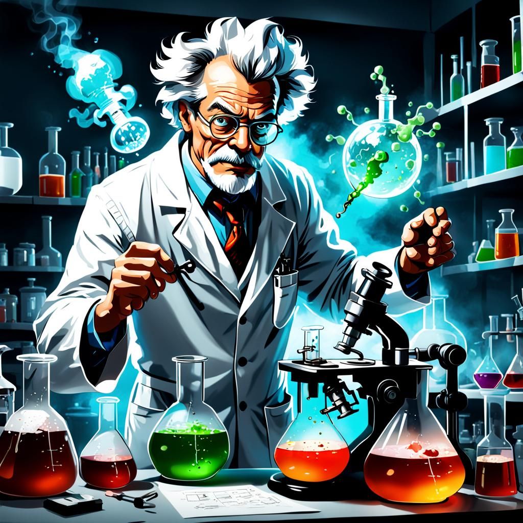 A mad scientist concocting science in his lab.  by @Suz