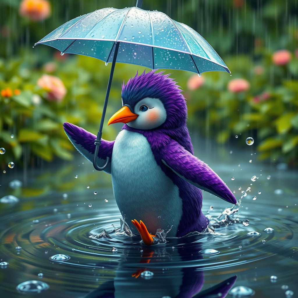 Dancing Penguin with Umbrella in Dreamlike Fantasy Art