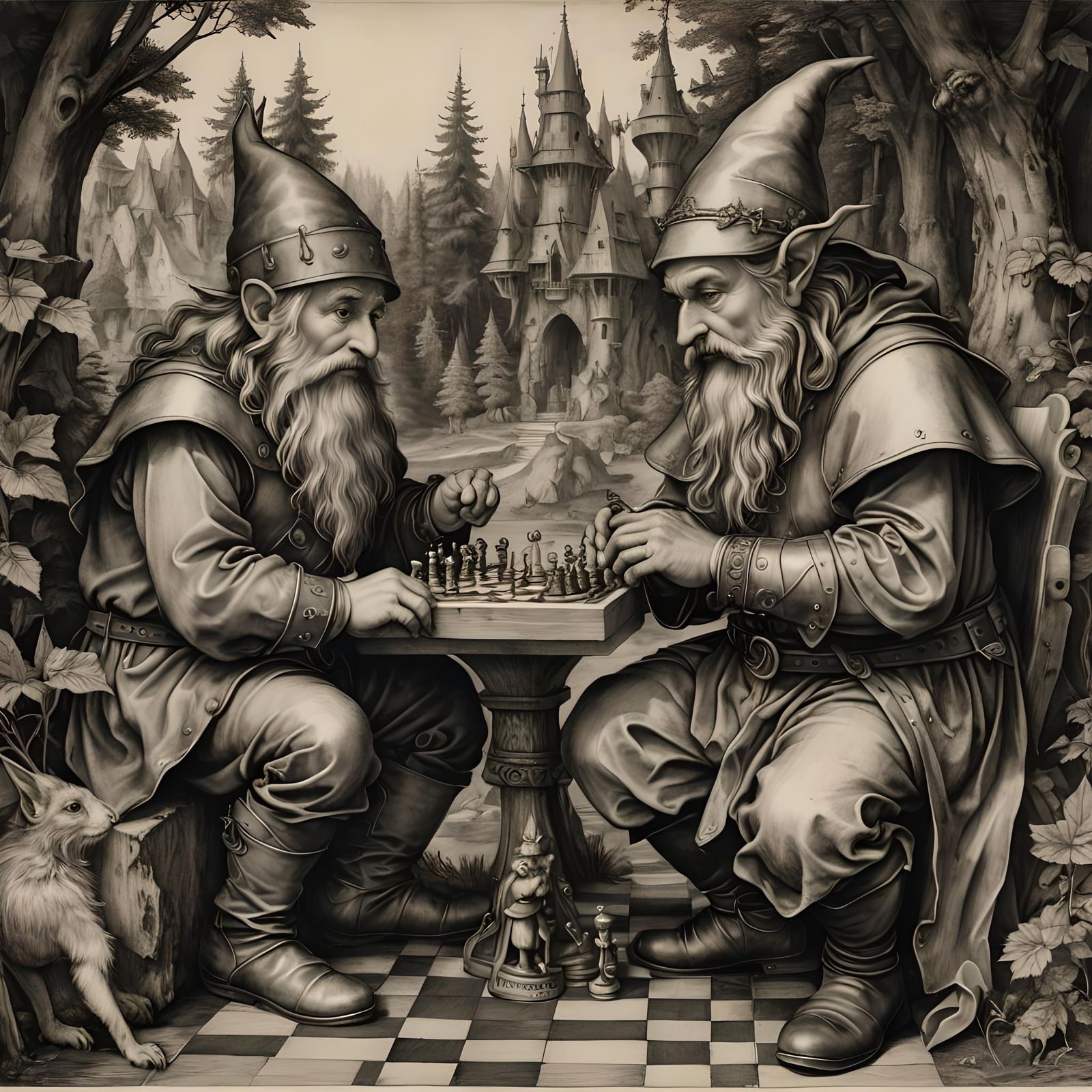 a gnome playing chess with an elf  by @LorenBecker