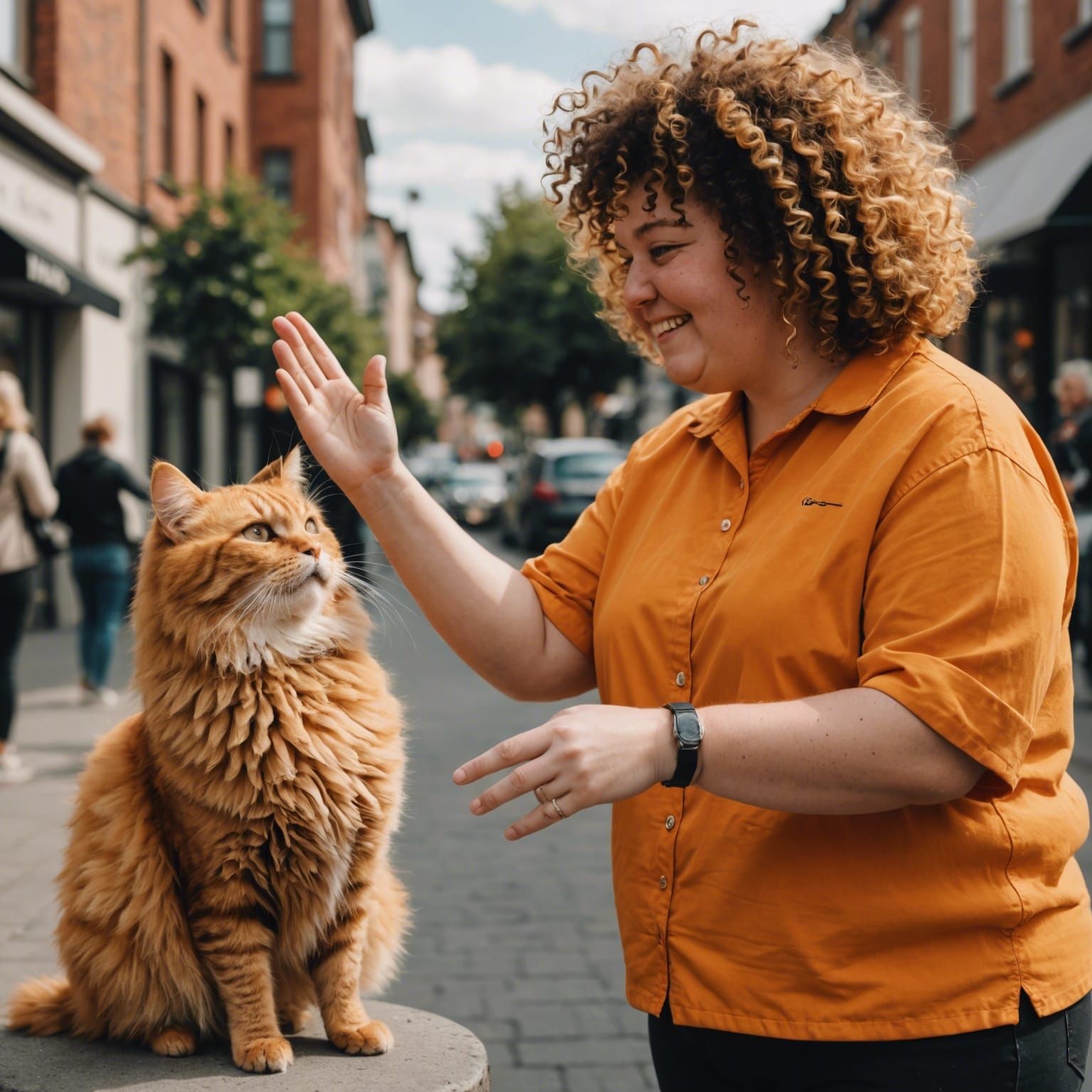 A chubby orange chat and his curly-haired female owner high ...