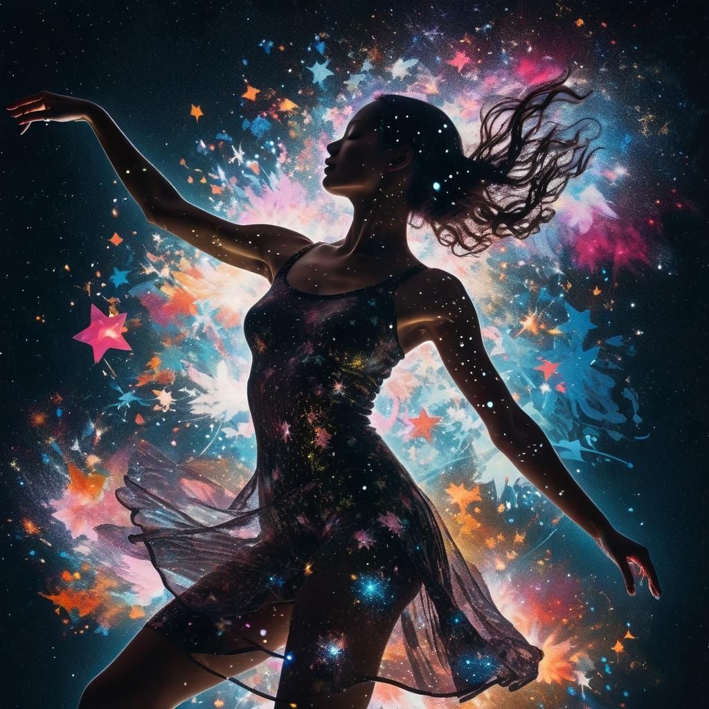 A divine double exposure portrait by Jinxit, woman silhouett...