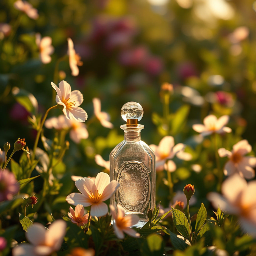 A garden scene with pastel-colored flowers and a light, tran...
