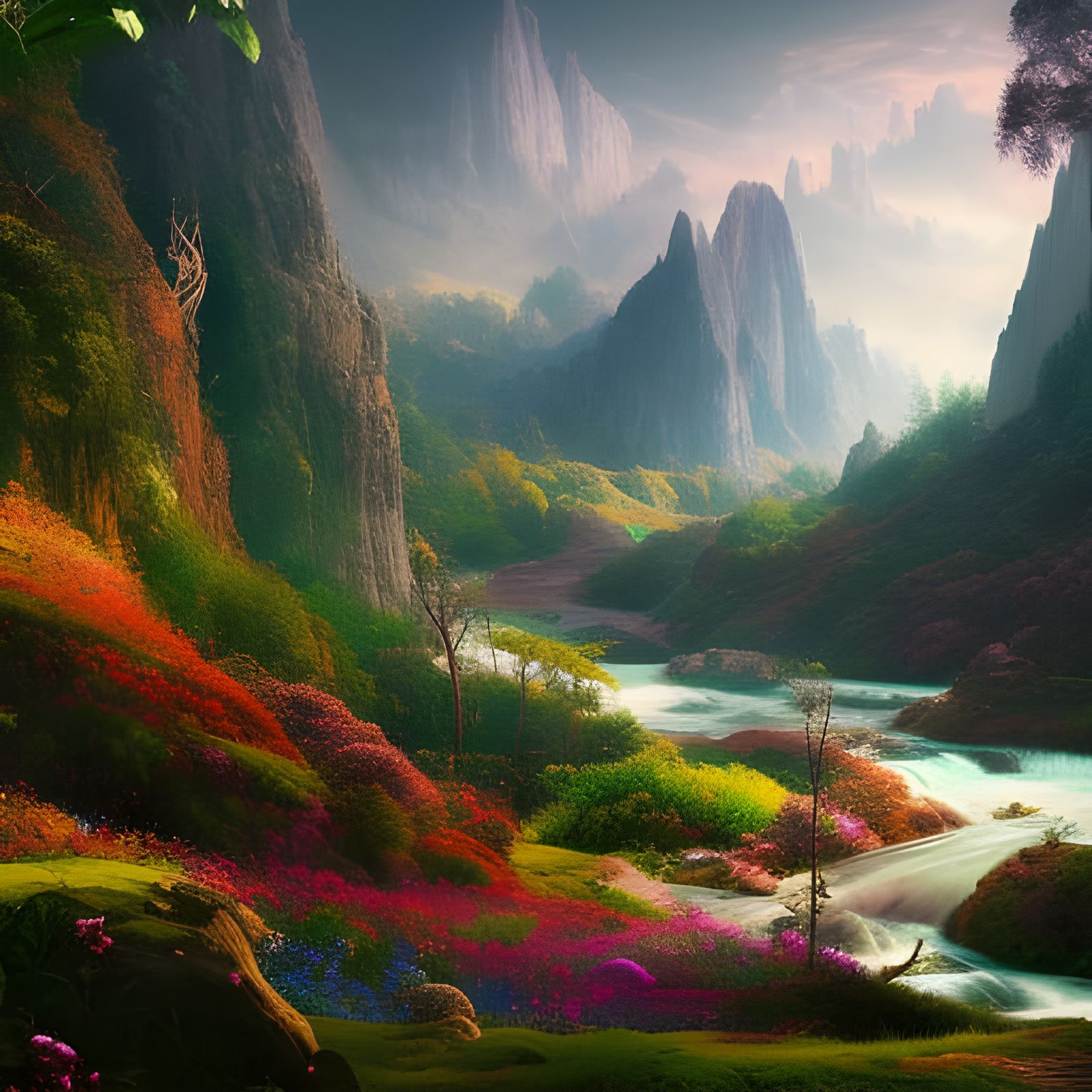 Landscape of Mountain Valley, Sparkling river, vividly color...