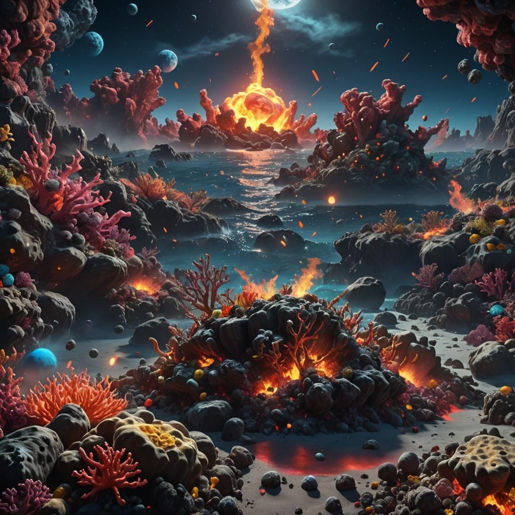 hyper realistic  ocean floor with lots of neon-colored coral...