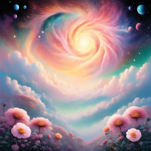 flower appear above Cosmic Nebuala Blossoms, sweet pastel color 