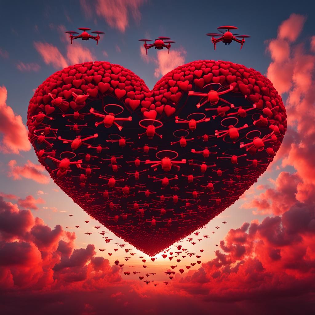 Swarming drones in sky forming the shape of red heart in the...