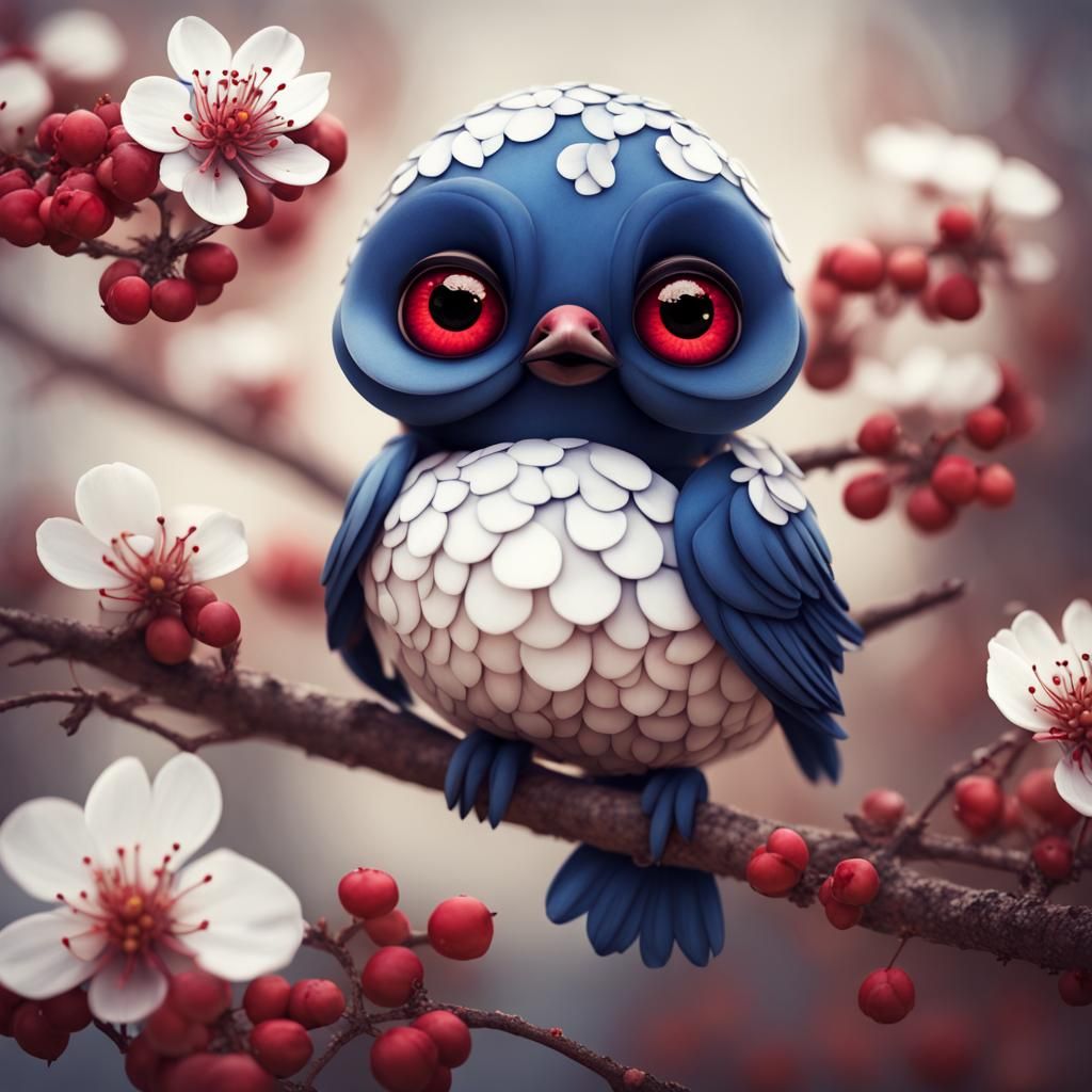 Cute adorable round bird made of dark ink blue and berry red petals ...