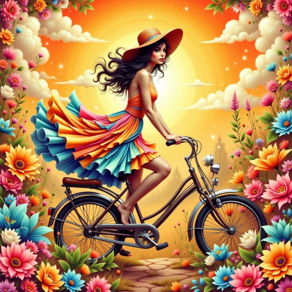Woman on Bicycle in Surreal Pop Art Style