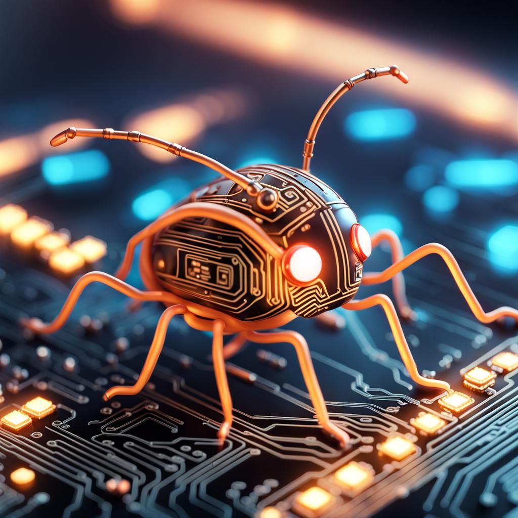 cute adorable chibified glowing circuit bug on computer circuit board", glowing wires, hyperdetailed, beautiful composition, visible details...