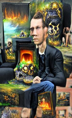 Victorian Lovecraft man sitting in front of burning skull 8K...