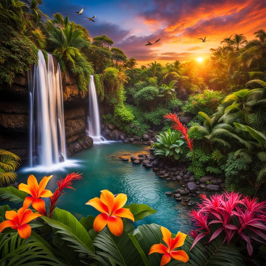 Vibrant Tropical Waterfall Sunset in Hyperrealistic Style