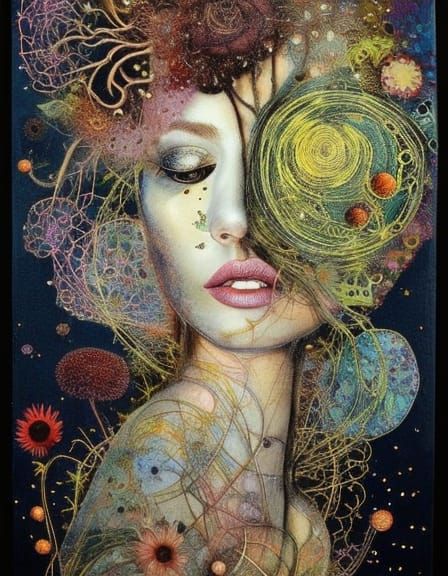 Textile Art Woman with Geometric and Floral Elements