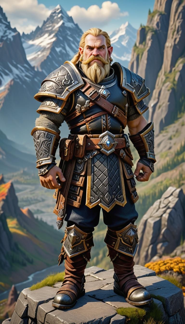 young warcraft dwarf with short blond hair, mutton chops beardstyle, friendly, wearing intricately detailed and finely crafted heavy armor,...