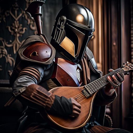 Photograph Portrait of the Mandalorian playing a mandolin, intricate